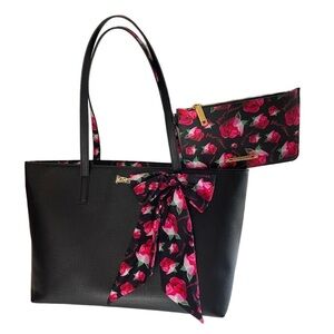 Betsey Johnson Tote bag with Pouch Pink Floral Bow Black Designer Handbag Purse